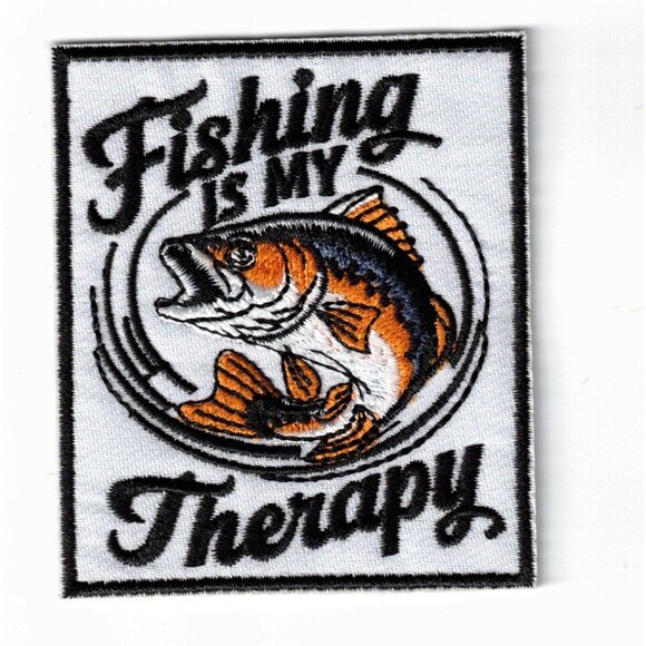 Unbranded Other - Fishing Is My Therapy White Embroidered 3in Iron / Sew-On Patches